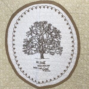 Vintage Patchwork quilt 43x43” machine embroidered cream beige white